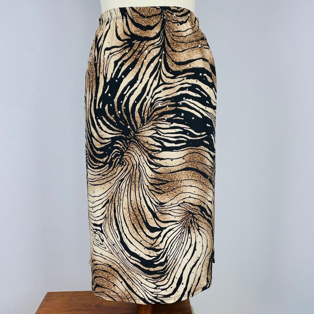 NWT Essentials Midi Skirt Sz 18W 20W Zebra Abstract Artsy Stretch Gold Bling